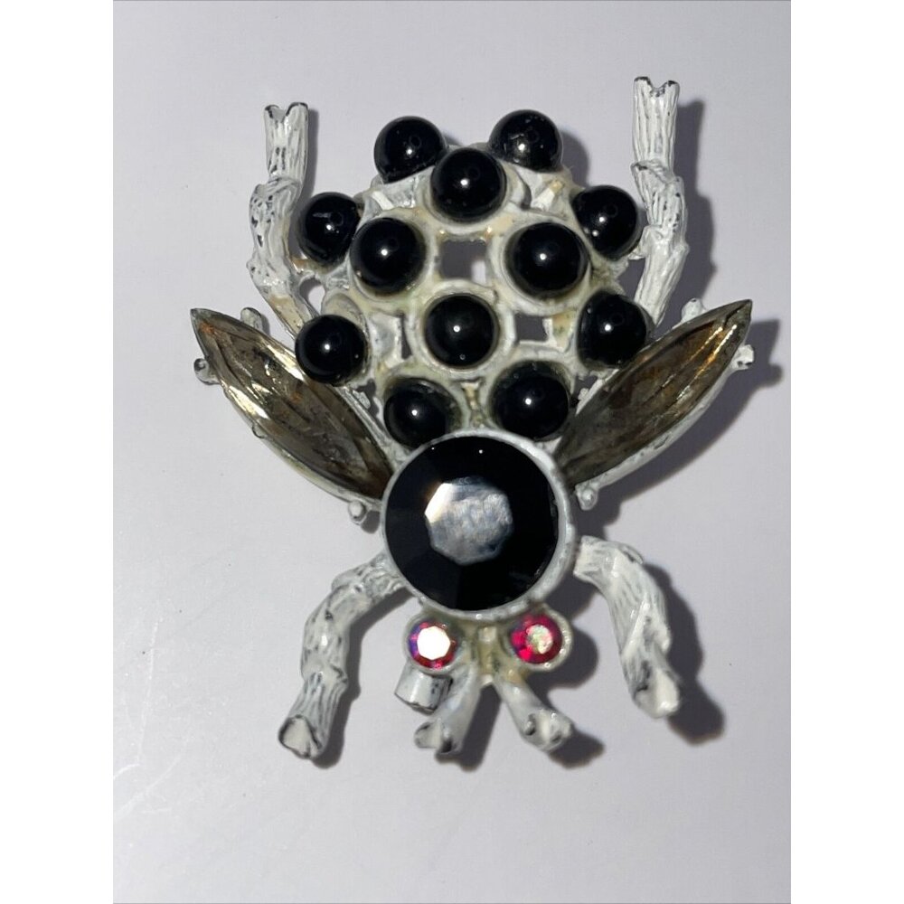 RARE! Bijou White Enamel Bug Bee Fly Rhinestone Brooch Pin Vintageโ AL2.1